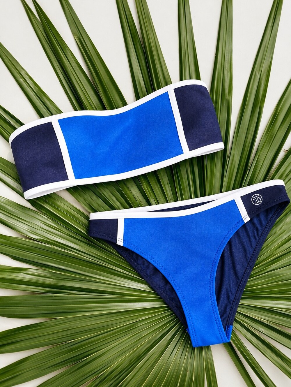 Tory Sport Colorblock Neoprene Bandeau Bikini Set Blue Navy S/M
